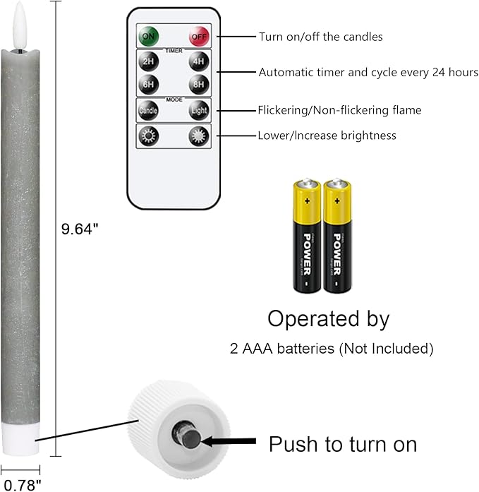 GenSwin Flameless Grey Taper Candles Flickering with 10-Key Remote, Battery Operated Led Warm 3D Wick Light Window Candles Real Wax Pack of 6, Christmas Home Wedding Decor(0.78 X 9.64 Inch)-Ruum Studio Home