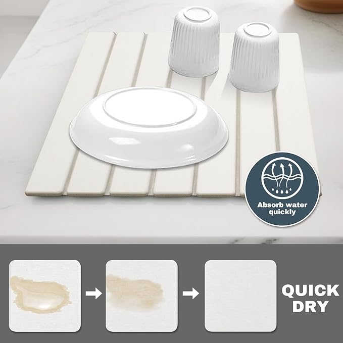 Large Stone Dish Drying Mats for Kitchen Counter, Quick Dry Absorbent Collapsible Dish Drying Mat,Diatomaceous Earth Mats for Dishes Bottles Cups,Match Any Countertop,White 16 * 12inch-Ruum Studio Home