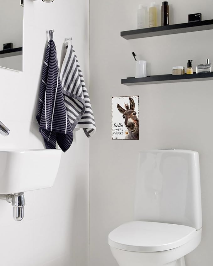ALKB Western Bathroom Decor Vintage Donkey Gift - Funny Bathroom Restroom Toilet Decoration - Hello Sweet Cheeks Metal Sign 8x12 Inch-Ruum Studio Home