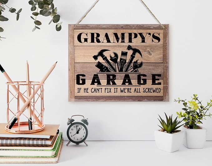 Rustic Sign, Father's Day Gift, Dad's Gift, Grandpa's Gift, Decor Hanging Wood Signs, Printed Wood Wall Art Sign, Grampy's Garage, If He Can't Fix It We're All Screwed, Vintage Sign Gift for Grandpa-Ruum Studio Home