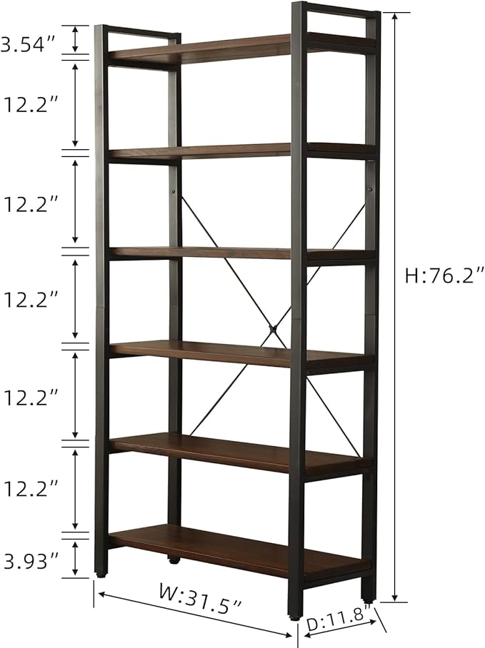WH-AOERPYMY Natural Real Wood Bookcase,Industrial Bookshelf,6 Tier Solid Wood Open Book Shelf Storage,Metal Shelving Unit,Farmhouse Wide Etagere Bookcase for Office Living Bedroom (6 Tiers)-Ruum Studio Home