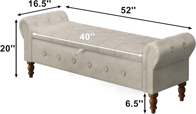Storage Ottoman Bench for Bedroom, Linen 52" End of Bed Bench with Rolled Arms Upholstered Ottoman Bench Fit for Bedroom, Living Room, Entryway, Linen Gray-Ruum Studio Home