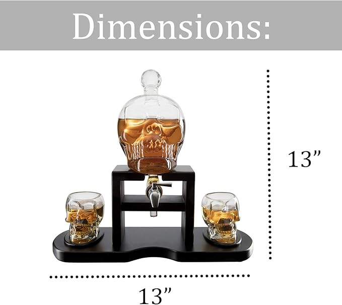 Skull Skeleton Wine & Whiskey Decanter Set 750mL with 2 Skull Shot Glasses 3oz | Gothic Skeleton Barware on Mahogany Wooden Base with Spigot | Spooky Halloween Decor Drinkware & Unique Goth Gift Idea-Ruum Studio Home