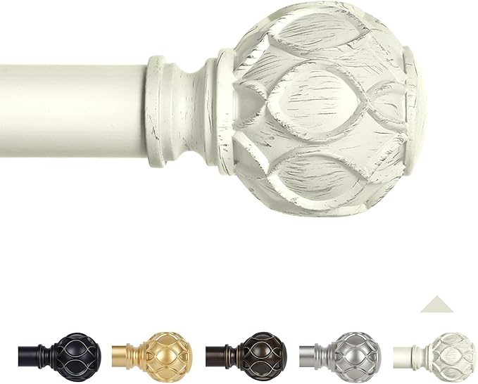 White Farmhouse Curtain Rods for Windows:18-45" Heavy Duty Adjustable Curtain Rod for Bedroom Living Room,Boho Decorative Rustic Drapery Rods with Vintage Coastal Texture Finials,Antique White-Ruum Studio Home