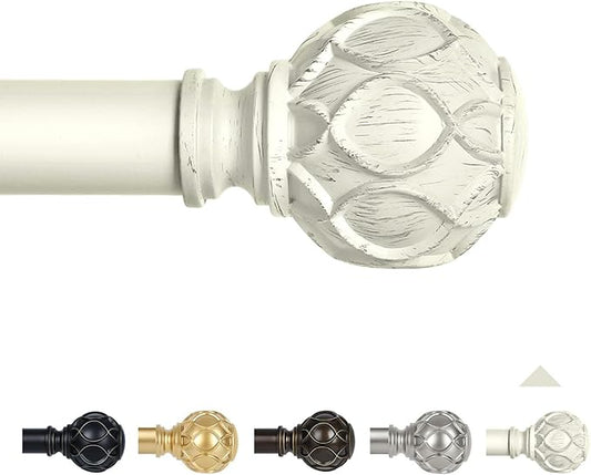 White Farmhouse Curtain Rods for Windows:66-120" Heavy Duty Adjustable Curtain Rod for Bedroom Living Room,Boho Decorative Rustic Drapery Rods with Vintage Coastal Texture Finial,Antique White-Ruum Studio Home