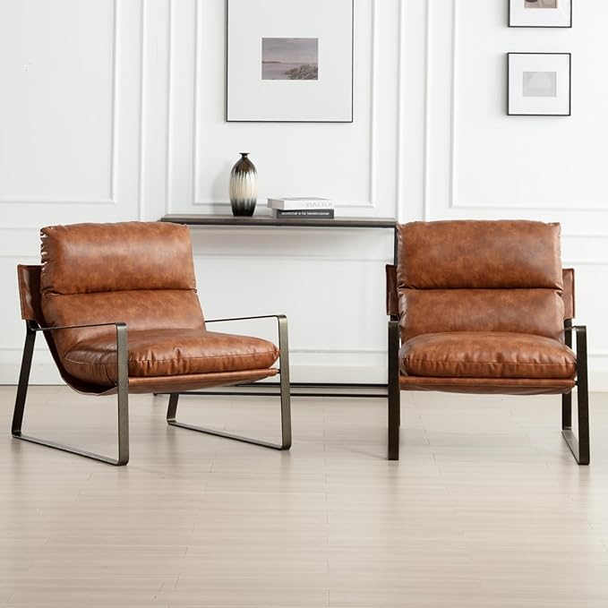 DUOMAY Mid-Century Accent Chairs Set of 2, Comfy PU Leather Leisure Chairs Lazy Chairs with Brozen Metal Leg for Living Room Bedroom Office Apartment, Brown-Ruum Studio Home