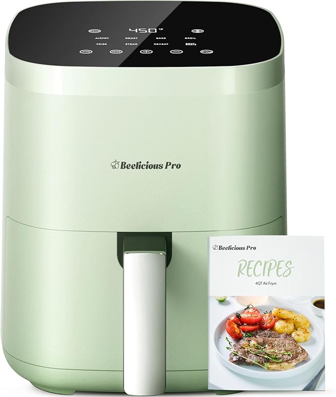 Air Fryer, Beelicious 8-in-1 Smart Compact 4QT Air Fryers, Shake Reminder,450°F Digital Airfryer with Flavor-Lock Tech,Tempered Glass Display, Dishwasher-Safe & Nonstick, Fit for 1-3 People, Avo Green-Ruum Studio Home
