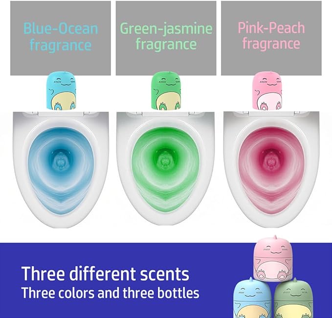 Cute Dinosaur-Shaped Toilet Bowl Cleaner Bottle, Bathroom Toilet Tank Cleaner with Ocean, Jasmine, and Peach Scent,Three bottles can be used for 9 months (1, Three colors and three bottles)-Ruum Studio Home