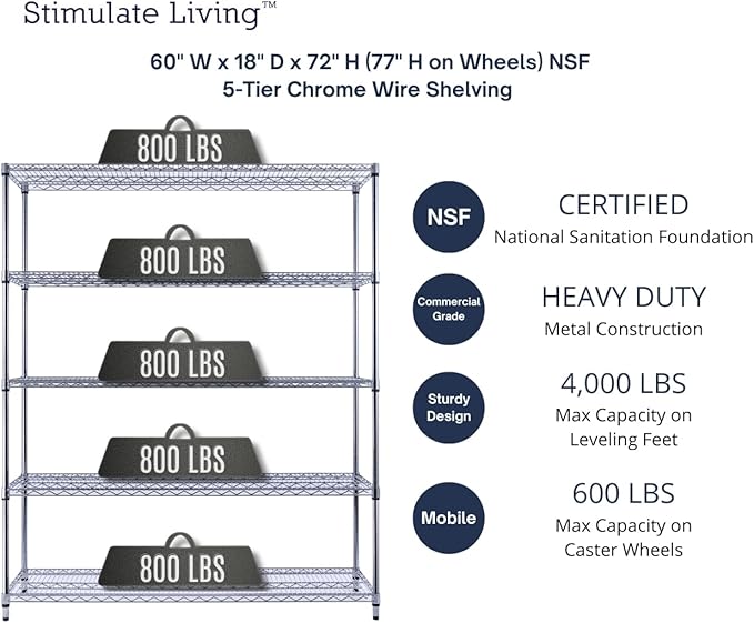 60"x18"x72" PRIME HEAVY DUTY Chrome 5-Tier Wire Shelving 4000 LBS MAX Capacity Storage Rack for Commercial, School, Home, Garage, Warehouse, Industrial, and Hospital Uses (with Wheels)-Ruum Studio Home