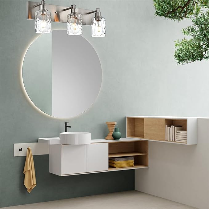 BONLICHT Bathroom Vanity Light Fixtures 3 Lights Modern Wall Sconce Brushed Nickel with Metal Base and Hammered Glass Shade, Industrial Farmhouse Bath Wall Lights for Hallway Kitchen Bedroom-Ruum Studio Home