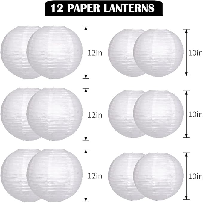 Paper Lanterns Decorative, White Hanging Round Chinese Lanterns with Lights for Wedding Anniversary Birthday Party 12 LED Light Pack of 12-Ruum Studio Home