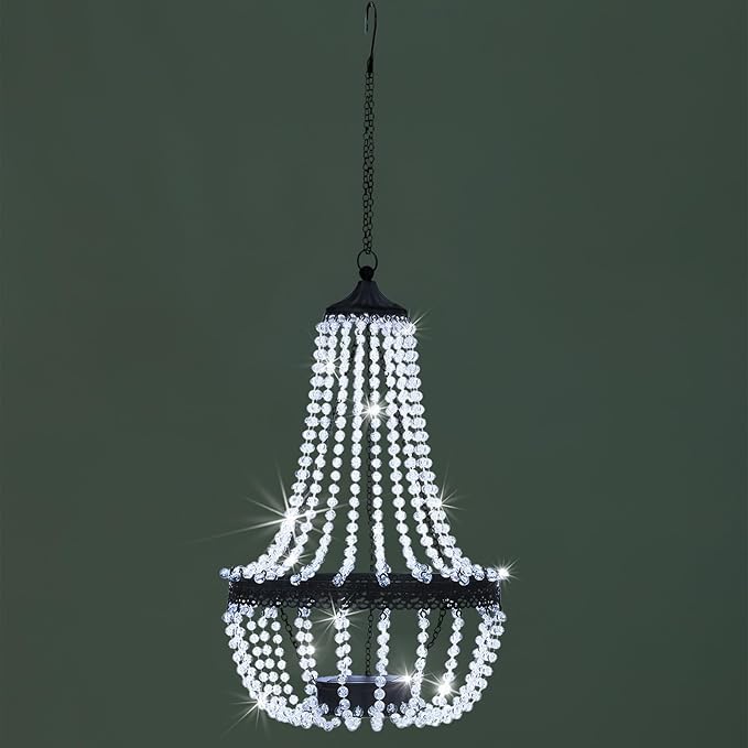 Hanging Solar Chandelier Outdoor, 30 Cool White Lights Acrylic Clear Beaded Chandelier with S Hooks Modern Lantern for Garden Yard Patio Gazebo Decorations, 28”H-Ruum Studio Home