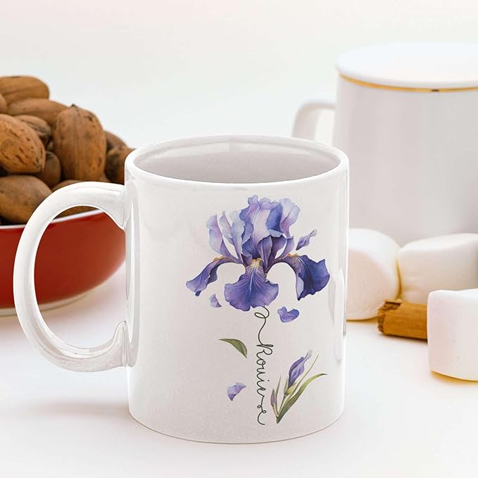 Customized Iris Flower Lover Cup, Custom Name Flower Ceramic Mug, Novelty Flower Themed Accent Cup 11oz 15oz, Personalized Iris Design Coffee Mug, Gift For Girlfriend Women-Ruum Studio Home