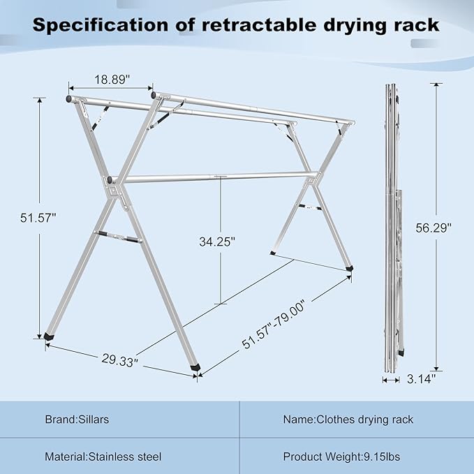 Sillars Clothes Drying Rack, 63 inches Laundry Drying Rack Clothing Foldable & Collapsible Stainless Steel Heavy Duty Clothing Drying Rack with Windproof Hooks for Indoor Outdoor-Ruum Studio Home