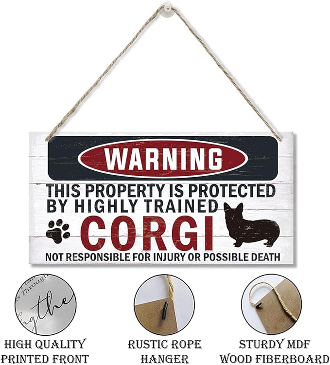 Funny Warning Sign - The Property is Protected By Highly Trained Corgi - Decorative Wood Hanging Plaque, Wall Decor, Owner Home Decor, Door Gate Hanger, Front Porch Sign-Ruum Studio Home
