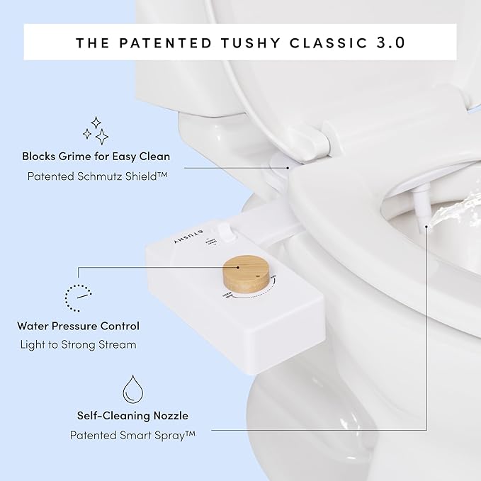 TUSHY Classic 3.0 Non-Electric Bidet Attachment | Self Cleaning Sprayer, Adjustable Water Pressure Nozzle, Angle Control. Fast & Easy DIY Installation. Universal Slim Fit. (Blue/Bamboo)-Ruum Studio Home
