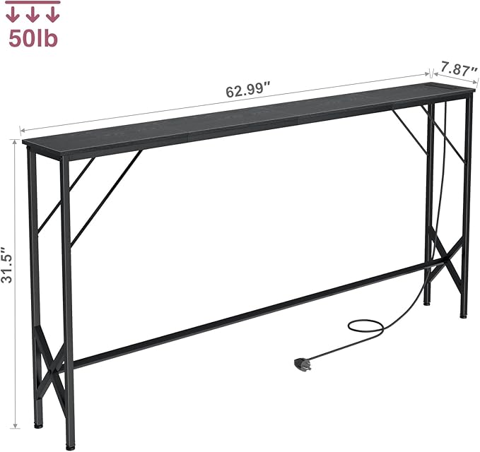 63'' Console Table, Skinny Entryway Table with Fast-Charging Station, Narrow Long Sofa Table, Behind Slim Couch Table for Entrance, Hallway, Living Room Decor ST-BK160-1-Ruum Studio Home
