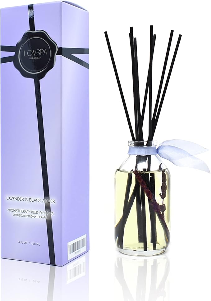 LOVSPA Reed Diffuser Set, Lavender & Black Amber Scented Oil Diffuser with Sticks, Home Fragrance Accessories for Bathroom Shelf Decor, Aroma Diffusers for Home or Office Desk, USA Made-Ruum Studio Home