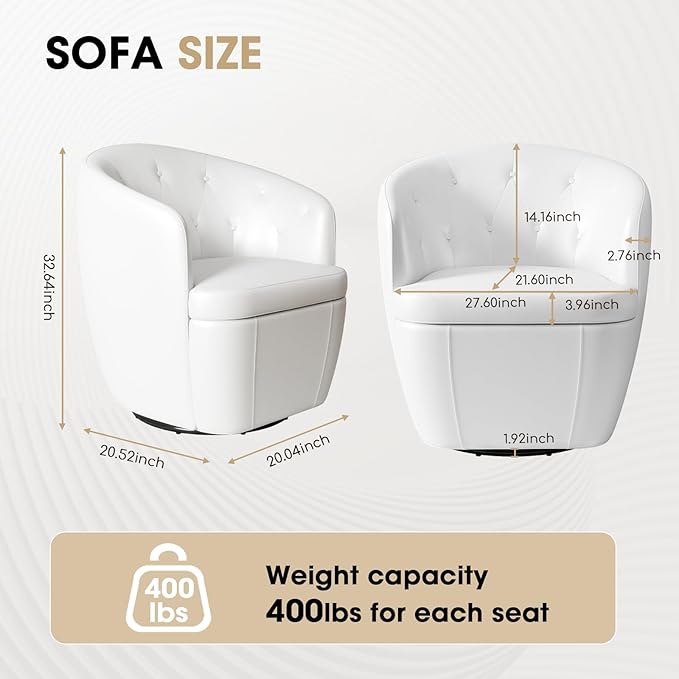 360° Swivel Leather Accent Chair, Modern Barrel Club Chair with Leather Upholstery and Sturdy Base, Comfortable Armchair for Living Room, Bedroom, Reading Nook, White-Ruum Studio Home