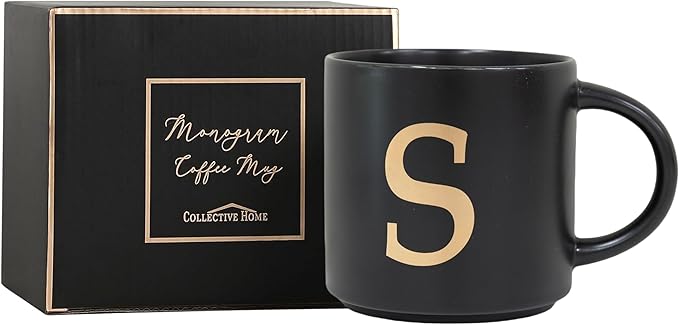 COLLECTIVE HOME - Monogram Ceramic Mugs, 15 oz Golden Initial Black Coffee Cups, Elegant Alphabet Tea Mugs, Elegant Personalized Mug with Gift Box, Unique Mug with Double Side Capital Lette (S)-Ruum Studio Home