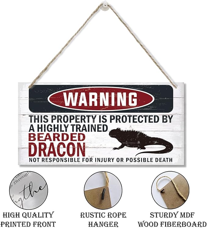 Warning Sign, Bearded Dracon Warning Wood Plaque Sign, Funny Door Signs, Decorative Wood Hanging Suspension Plaque, Farmhouse Wooden Wall Decor, Outdoor Hanging Wooden Signs-Ruum Studio Home