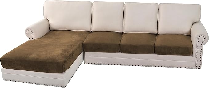H.VERSAILTEX Velvet Stretch Sectional Couch Covers 4 Pieces Sofa Seat Cushion Covers L Shape Separate Couch Cover for Both Left/Right Sectional Couch (Large Sofa 3 Seater + 1 Chaise, Bronze Brown)-Ruum Studio Home