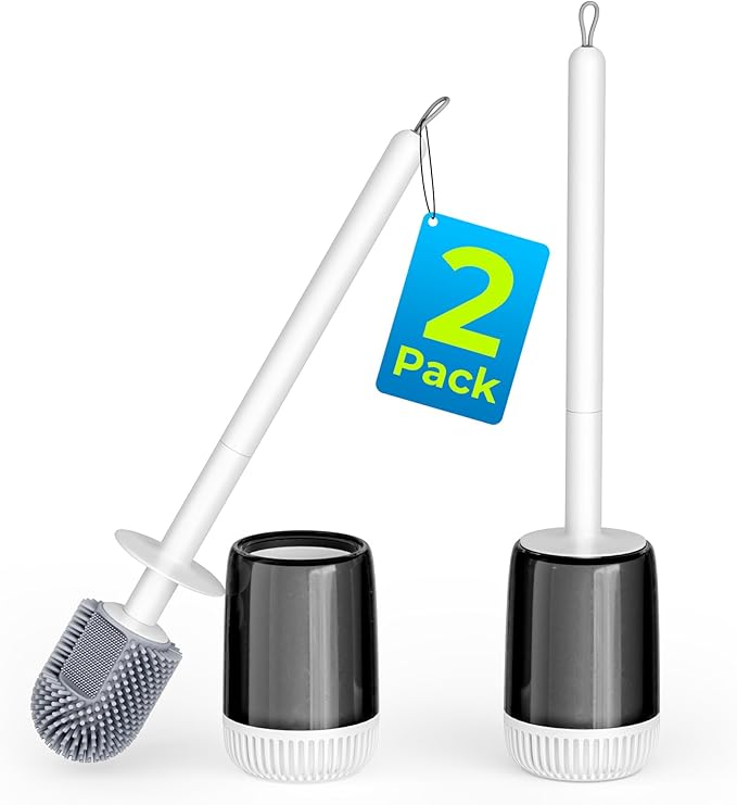 Silicone Toilet Brush and Holder Set with L-Shaped Brush Head, Wall Mounted Toilet Brush Set with Long Non-Slip Handles, Compact Toilet Bowl Cleaner Brush Suitable for RV Trailers & Bathroom (2 Pack)-Ruum Studio Home