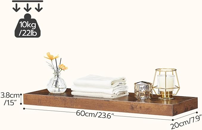 HOOBRO Floating Shelves for Wall, Wall Mounted Shelf Set of 2, 23.6" Hanging Shelf with Invisible Brackets, for Wall in Bathroom, Bedroom, Toilet, Kitchen, Living Room, Office, Rustic Brown BF60BJ01-Ruum Studio Home