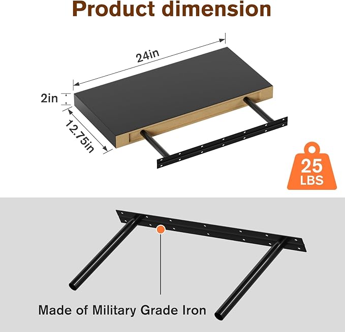 Floating Shelf, Set of 2 Wall Shelf, 24 in W x 12.75 in D x 2 in H Wooden Floating Wall Shelf with Invisible Brackets for Living Room/Bedroom/Bathroom/Kitchen Storage and Decor, Black Wood-Ruum Studio Home