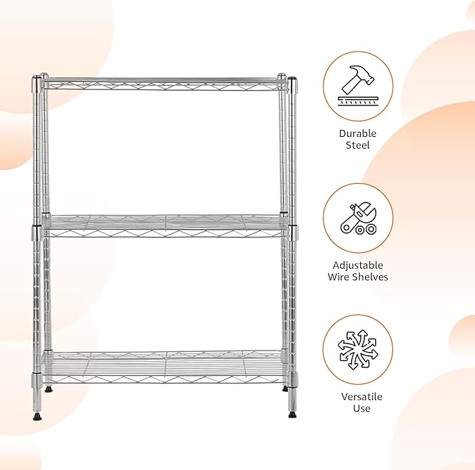 Amazon Basics 3-Shelf Adjustable Heavy Duty Steel Wire Rack Storage Shelving Organizer for Kitchen, Garage, 23.2" L x 13.4" W x 30" H, Chrome-Ruum Studio Home