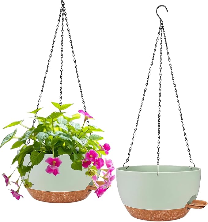 2 Pack Hanging Planters for Indoor Outdoor Plants, 12 Inch Self Watering Hanging Pot with Drainage Holes and Saucer, Plastic Plant Pots, Green Brown Flower Pots for Kitchen, Balcony, Garden-Ruum Studio Home