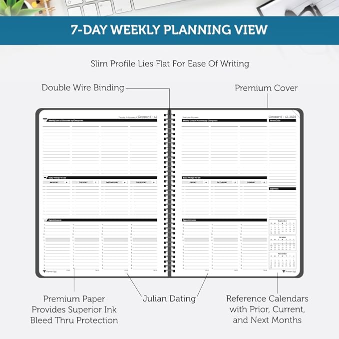 Planner Pad Spiral Bound 3-Tier Funnel Down 12 Month Organizer, October 2025 – September 2026, Black Cover/Black Ink, 8 1/2" x 11"-Ruum Studio Home