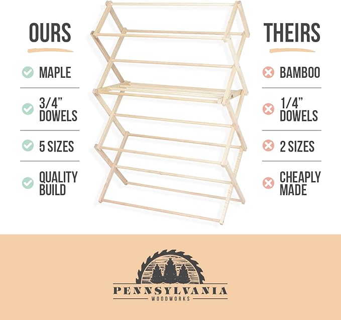 Pennsylvania Woodworks Clothes Drying Rack: Solid Maple Hard Wood Laundry Rack for Blankets, Towels, Bedding & More, Heavy Duty Folding Drying Rack, Made in USA, No Assembly Needed, XXLarge-Ruum Studio Home