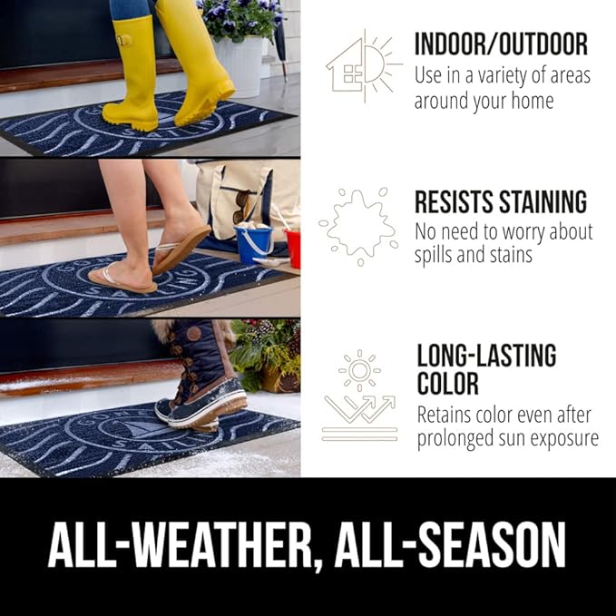 GORILLA GRIP 100% Waterproof All-Season WeatherMax Doormat 35x23, US Designed Natural Rubber, Stain and Fade Resistant, Low Profile Indoor Outdoor Door Mats, Easy Clean Patio Mat, Blue Sailing-Ruum Studio Home
