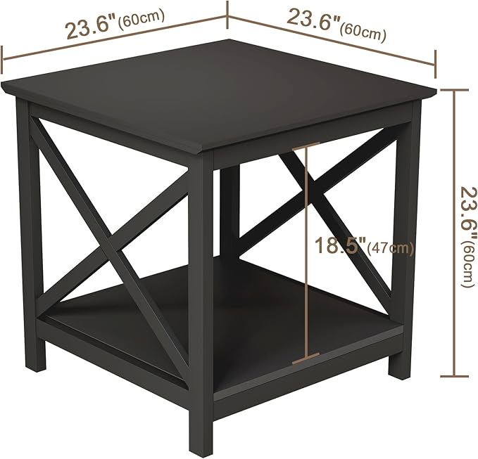 ChooChoo End Table, 24 Inch End Table with 2-Tier Storage Shelf, Side Table for Living Room, Wood Nightstand for Bedroom, Office, Painted Surface, Black-Ruum Studio Home