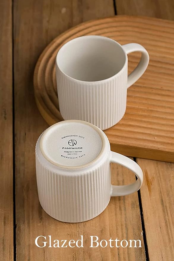 famiware Coffee Mug Set for 4, Star 12 oz Catering Mugs Cup Set with Handle for Coffee, Tea, Cocoa, Milk - Ceramic Stoneware Drinkware Set, Matte White-Ruum Studio Home