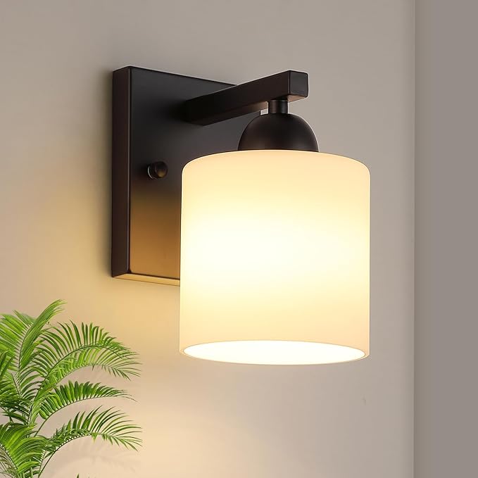 Matte Black Milk Glass Wall Sconces, 1 Pack Hardwired Indoor Wall Light Fixtures for Living Room, Hallway, Bedroom, Ceramic E26 Sockets (Bulbs Not Included)-Ruum Studio Home