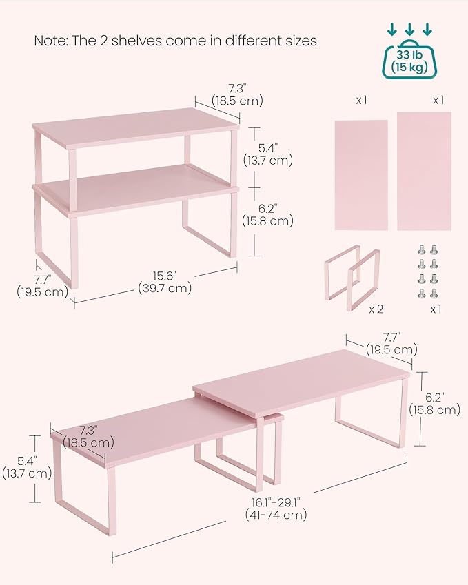 SONGMICS Cabinet Organizer Shelf, Set of 2 Kitchen Counter Shelves, Kitchen Storage, Spice Rack, Stackable, Expandable, Metal and Engineered Wood, Jelly Pink UKCS025S01-Ruum Studio Home