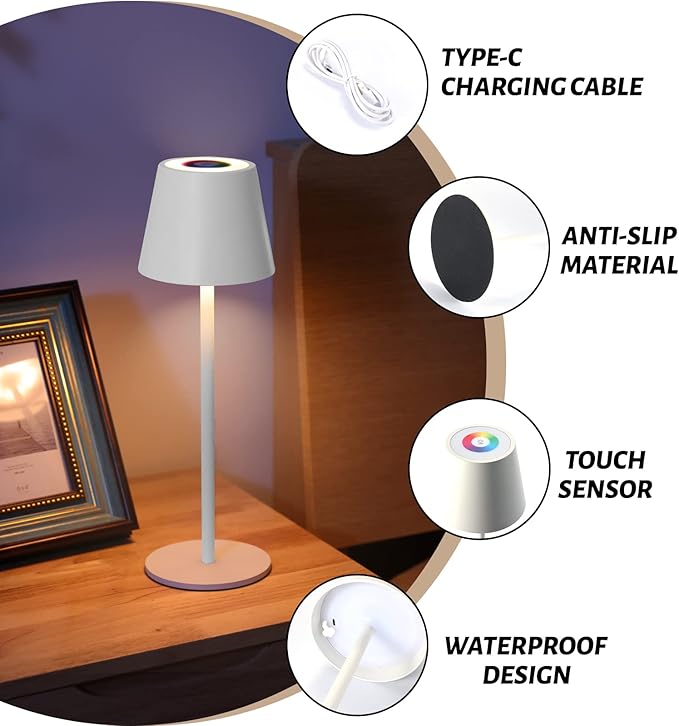 Maksone 2 Pack RGB Cordless Table Lamp, 6600mWh Rechargeable Battery Desk Lamp, 3000K Stepless Dimming and Led Color Changing Night Light, IP54 Waterproof Outdoor Portable Lamp for Patio (White)-Ruum Studio Home