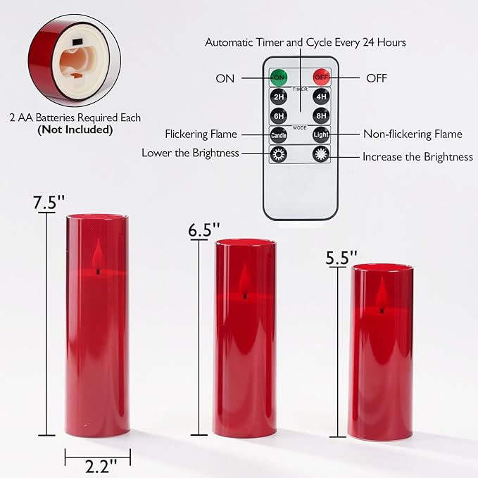 Amagic Christmas Red Flameless Candles, Battery Operated Candles with Remote and Timer, Acrylic Flickering LED Candles for Thanksgiving Decor, D2.2''xH5''6" 7", Set of 9-Ruum Studio Home
