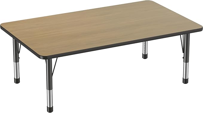 Factory Direct Partners FDP Rectangle (36 x 60 inch) Classroom Table with Adjustable Chunky Toddler Legs (15-24 in); Preschool, Kinder and Daycare Furniture - Pasadena Oak Top/Black Edge and Legs-Ruum Studio Home