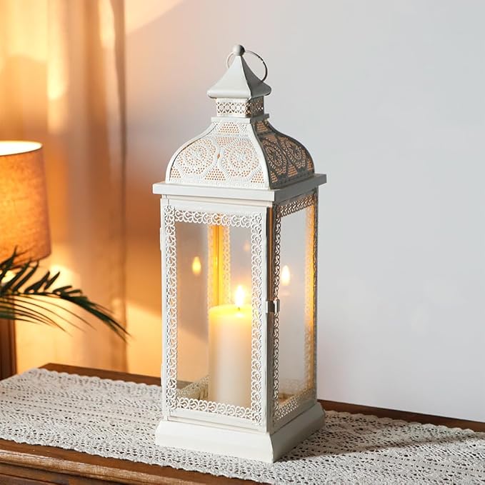 TRIROCKS Rustic Style Metal Candle Lantern 19'' High Decorative Hanging Lantern Candle Holder with Tempered Glass for Christmas Living Room Garden Yard Patio Parties Events Indoors Outdoors(Cream)-Ruum Studio Home