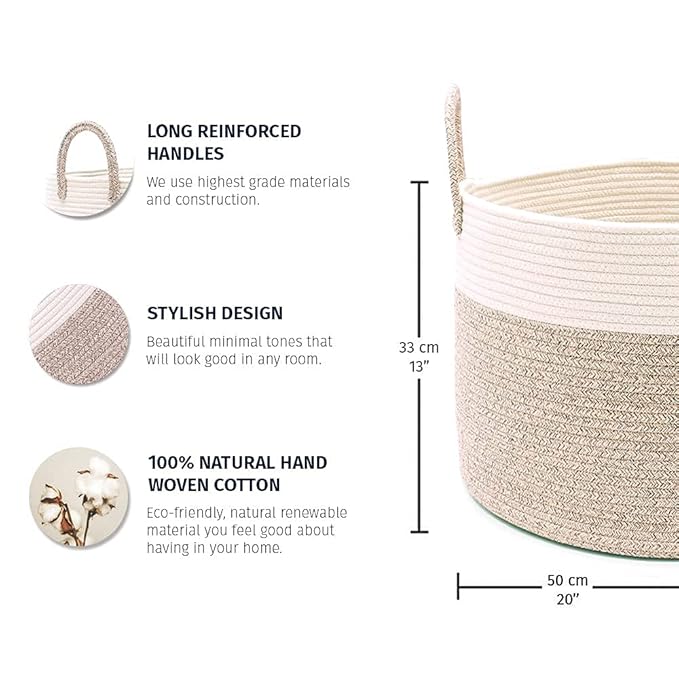 OrganiHaus Woven Laundry Basket, Large Cotton Rope Blanket Holder with Handles, Soft & Sturdy Nursery Hamper, Decorative Toy Bin for Living Room Organization 20x13 inches - Brown/Off-White-Ruum Studio Home