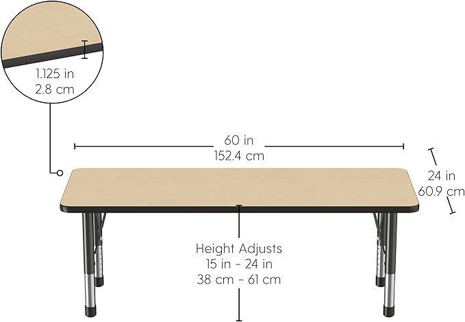 FDP Rectangle Activity School and Classroom Kids Table (24 x 60 inch), Chunky Toddler Legs, Adjustable Height 15-24 inches - Maple Top and Black Edge-Ruum Studio Home