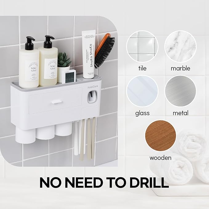 HubiCare Toothbrush Holder with Toothpaste Dispenser Wall Mounted for Bathroom, Automatic Toothpaste Squeezer, Bathroom Organization and Storage, 5 Toothbrush Slots (3 Cups)-Ruum Studio Home