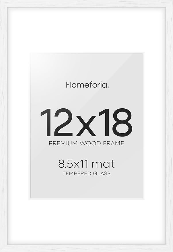 Homeforia 12x18 Frame White Wood, High End Oak 12x18 Poster Frame White with Mat 8.5x11 Print, 12 x 18 Wooden Picture Frames Matted to 8.5 by 11 Photo, 18x12 Frames, Tempered Glass, Wall Kit, Set of 1-Ruum Studio Home