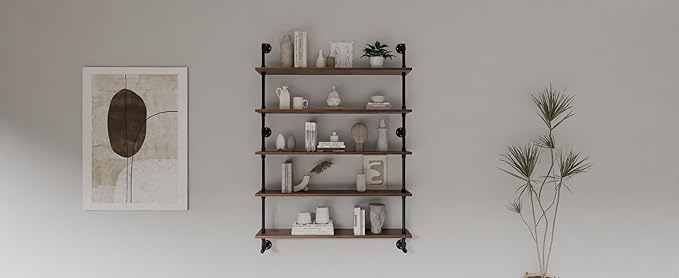 Industrial Pipe Wall Shelves Pipe Shelving with Real Wood Plank ,48 Inches Floating Shelves for Wall Farmhouse Pipe Book Shelves Dark Brown 5 Tier for Kitchen,Living Room Decor and Bar Shelving-Ruum Studio Home