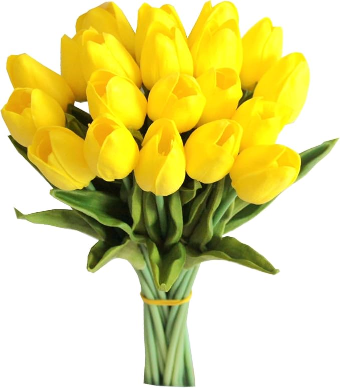 Mandy's Artificial Tulips 20 Stems Yellow PU Faux Flowers for Wedding Home Decor 13.5 Inch-Ruum Studio Home