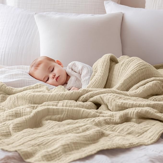 EMME Muslin Baby Blankets 100% Cotton 4-Layer Swaddle Baby 40"x50" Lightweight Soft Breathable Cooling Baby Blanket for Toddler, Infant, Newborn, Boys and Girls All Season Gauze Blanket, Light Tan-Ruum Studio Home