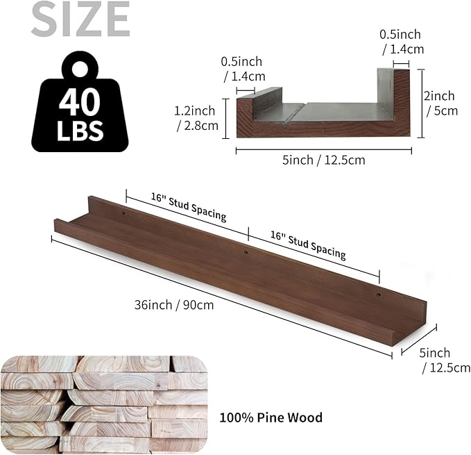 SAUMONIERES Picture Ledge Shelf Floating Book Shelves Set of 2 Wall Mounted Solid Wood for Bedroom Bathroom Living Room Kitchen, 36 Inch Walnut-Ruum Studio Home